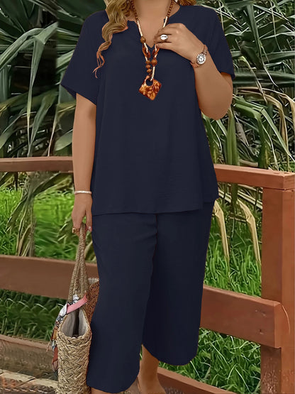 Plus size casual elegant short-sleeved top and wide-leg pants