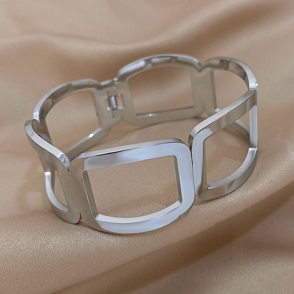 Vintage Y2K Stainless Steel Wide Weave Open Cuff Bangle Bracelet