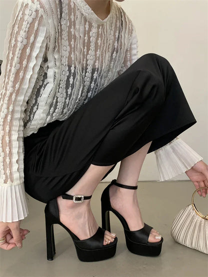Black High Heels Silk Square Toe Shoes