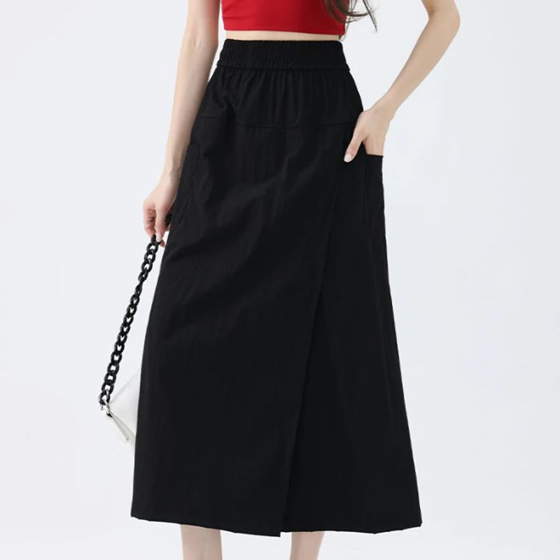 Loose Fit Thin Pants High Waist Slit Korean Midi Cargo skirt