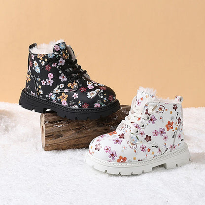 Winter Snow Leather Flower Warm Plush Toddler Non-slip Boots EU 23-31