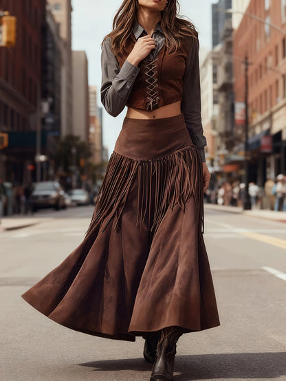 Ethnic Elegant Solid Tassel Slim Fit Midi Skirt
