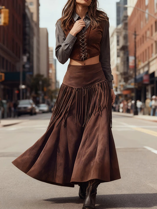 Ethnic Elegant Solid Tassel Slim Fit Midi Skirt