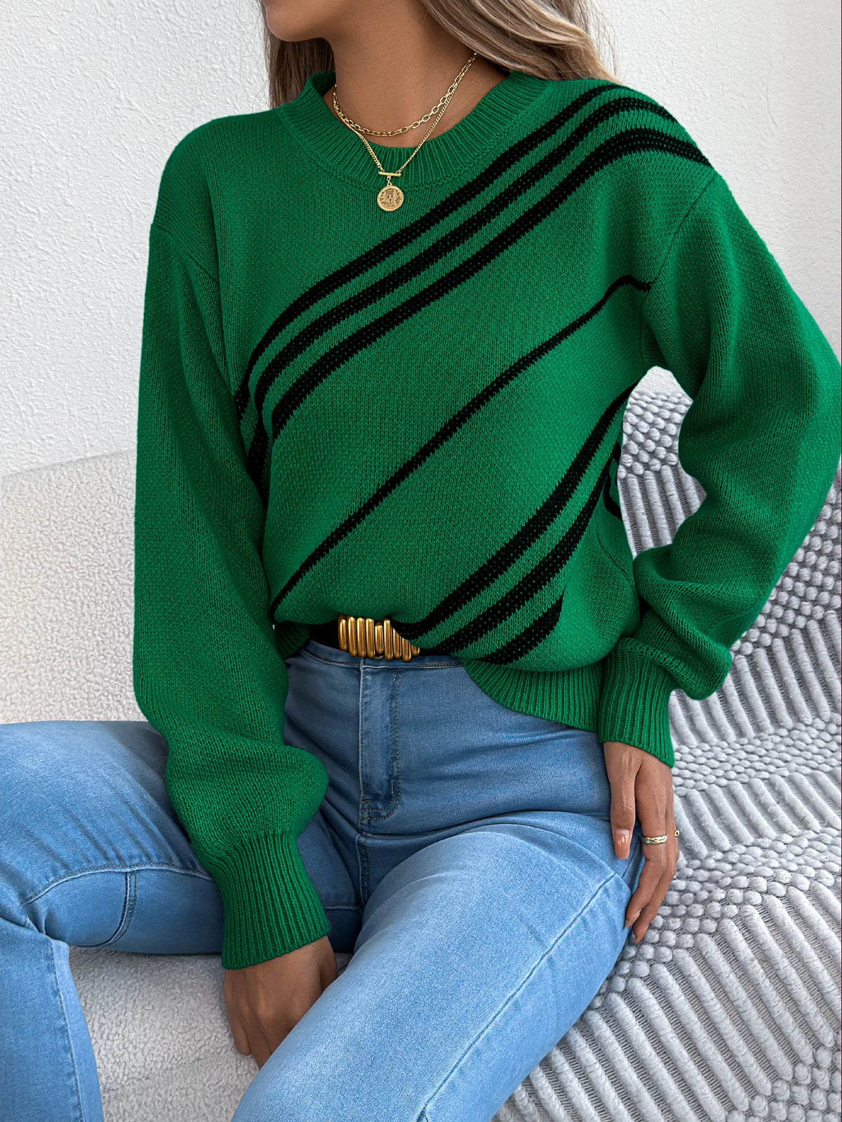 Twill Texture Color Block Round Neck Long Sleeve Cabin Core Knit Pullover