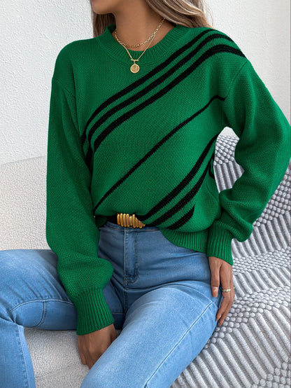 Twill Texture Color Block Round Neck Long Sleeve Cabin Core Knit Pullover