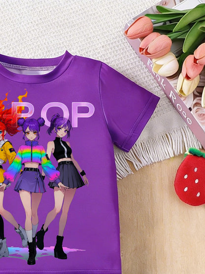 K-POP Anime Print Outfit Short Sleeve T-Shirt  Set