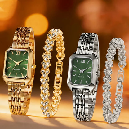 4PCS/Set Elegant Rectangle Quartz Wristwatch Heart Bracelets Set