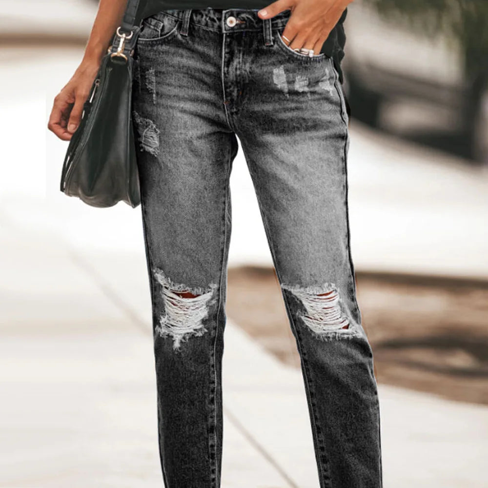 Slim Ripped Denim High-waisted Straight Jeans Pants