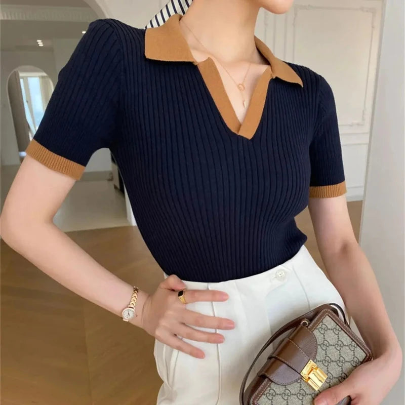 Short Sleeve Polo Neck Knitted Lightweight Knitted Sweater Polo Shirts