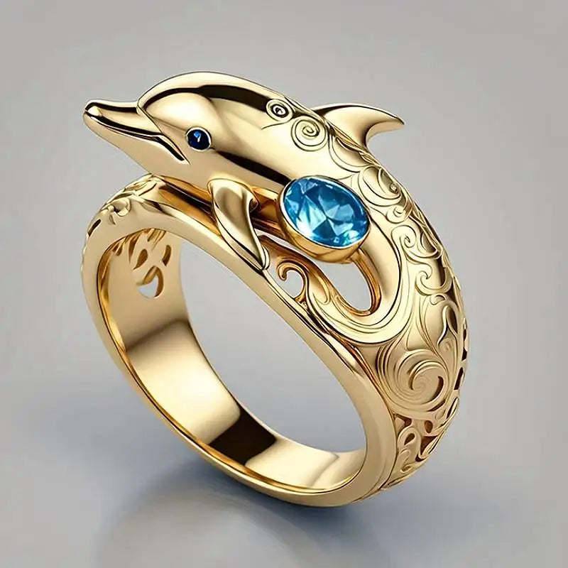 Huitan Fresh Dolphin Design Inlaid Shining Blue CZ Rings
