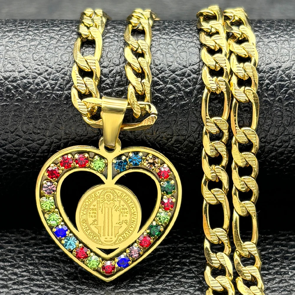 Colorful Crystal Saint Benedict Medal Necklace
