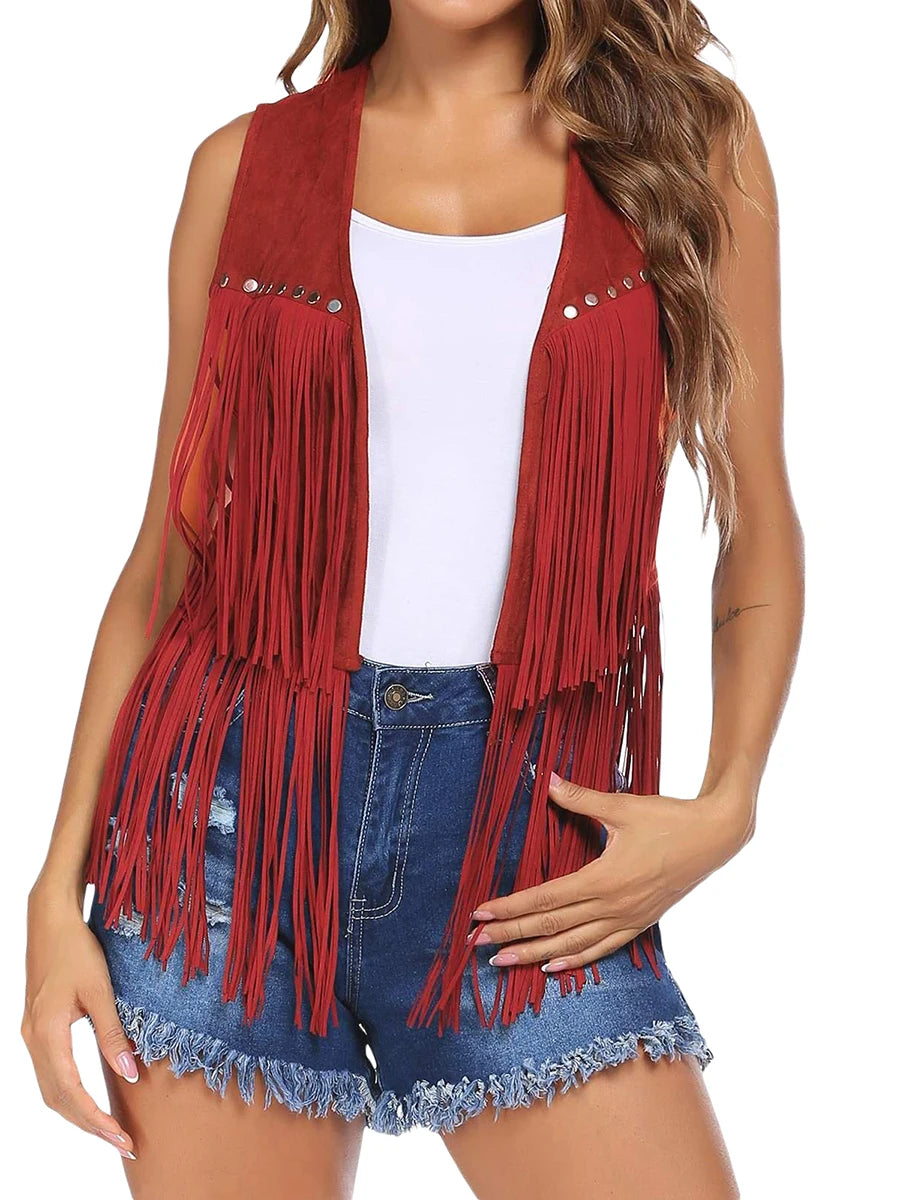 Tassel Vest 70s Hippie Faux Suede Rivets Sleeveless Fringe Jacket