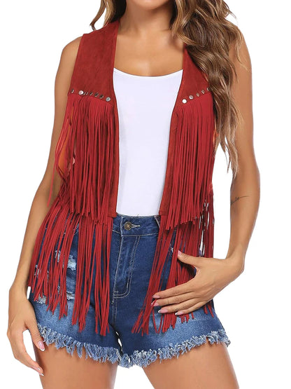 Tassel Vest 70s Hippie Faux Suede Rivets Sleeveless Fringe Jacket