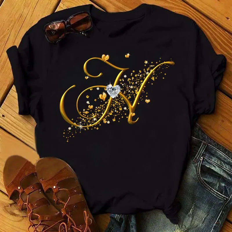 Custom Name Letter Diamond Gold Letter T-shirt