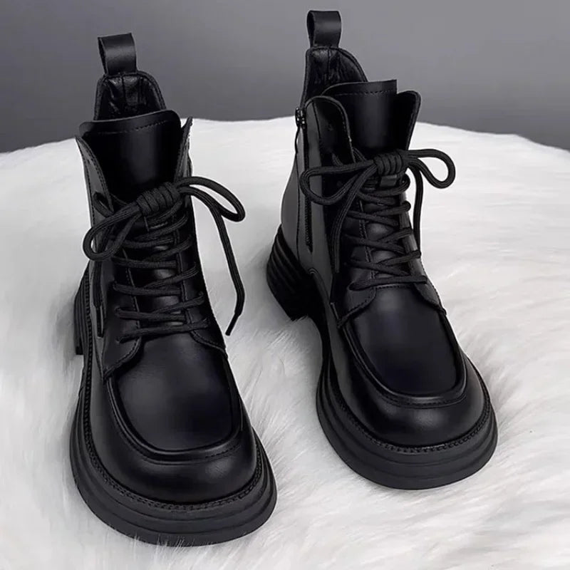 Plush Platform Warm Short Flat Bottom Lace Up Ankle Boots
