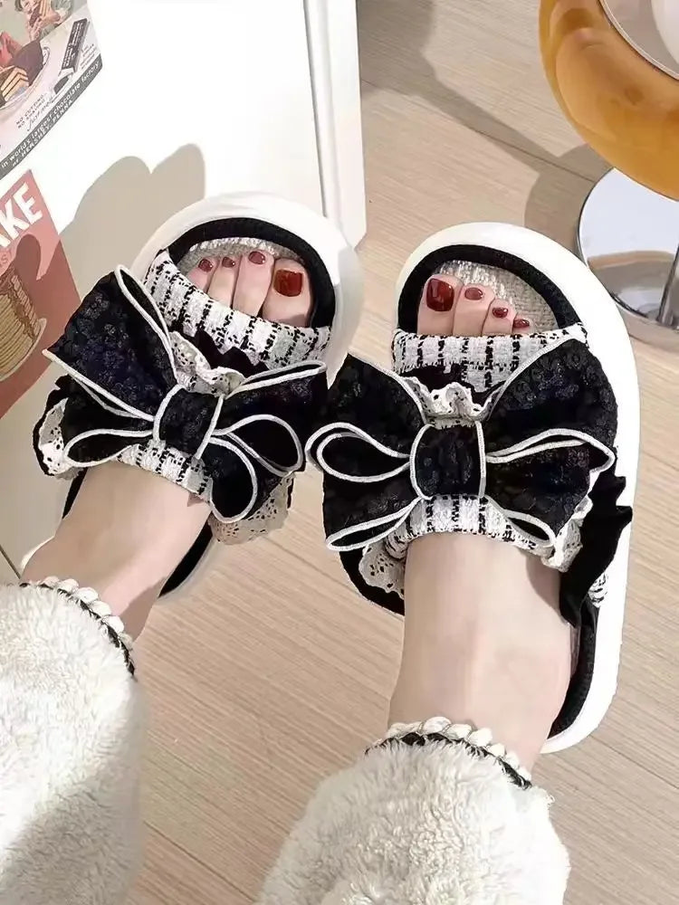 Linen Cute Platform Black Bow Soft Slippers