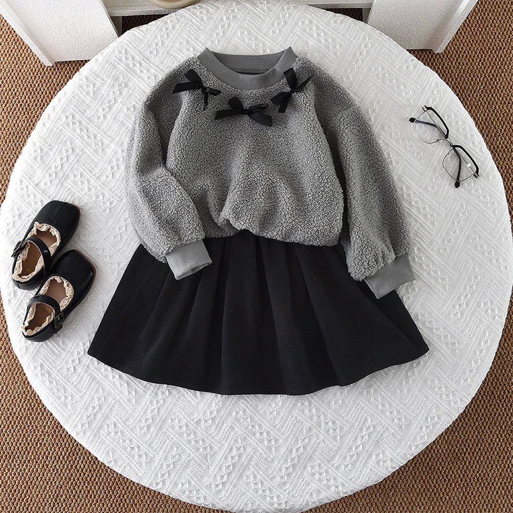 College Style Bow Long Sleeve Plush Top + Short Skirt Sets
