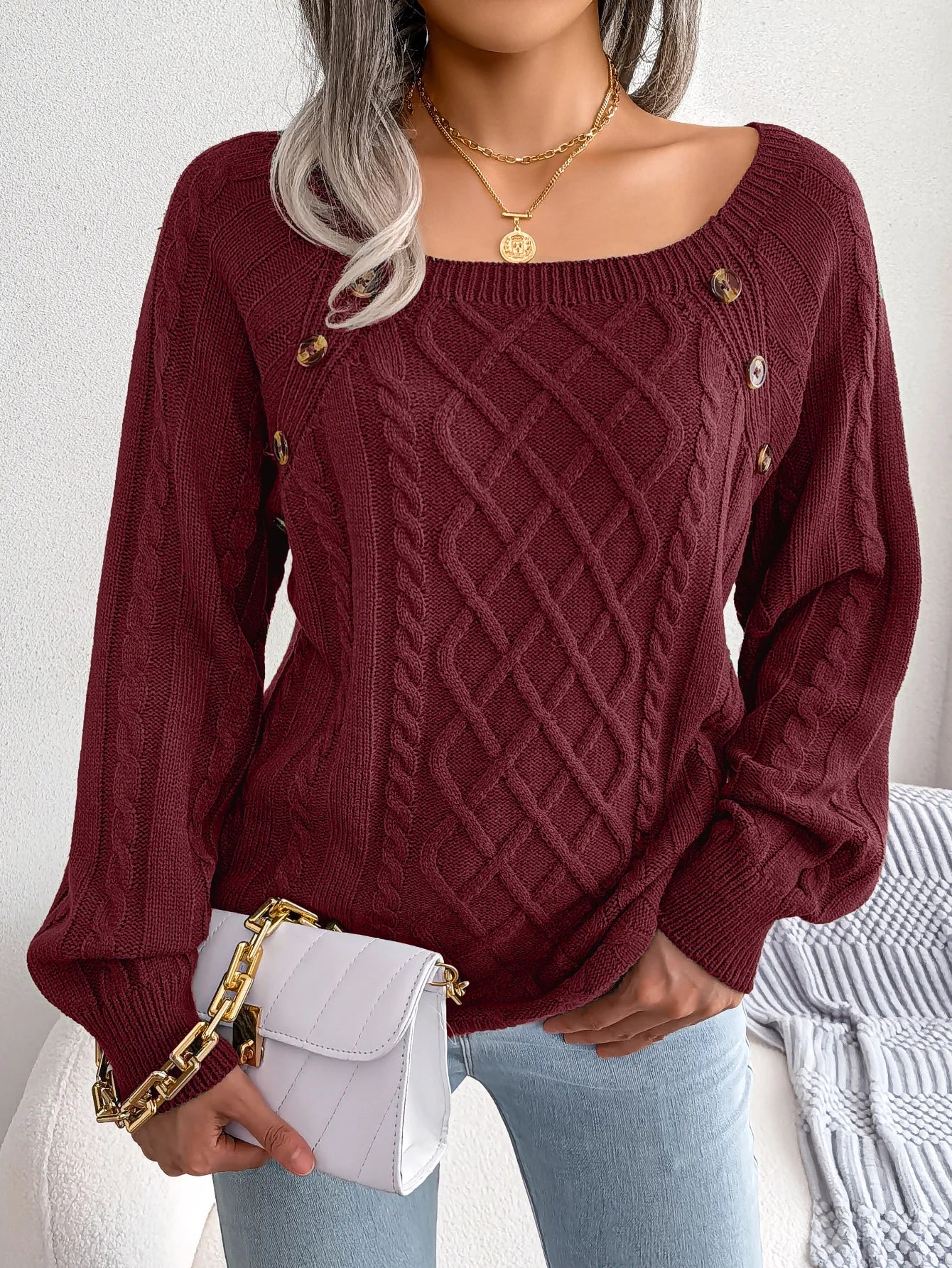 Casual Square Collar Long Sleeve Sweaters
