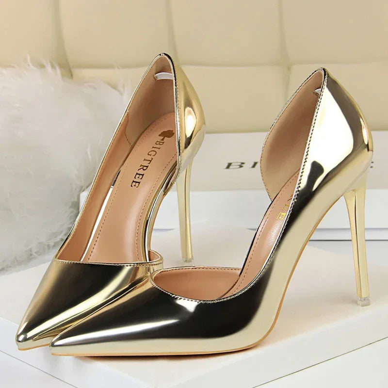 High Heels Pumps Metallic Leather Shoes