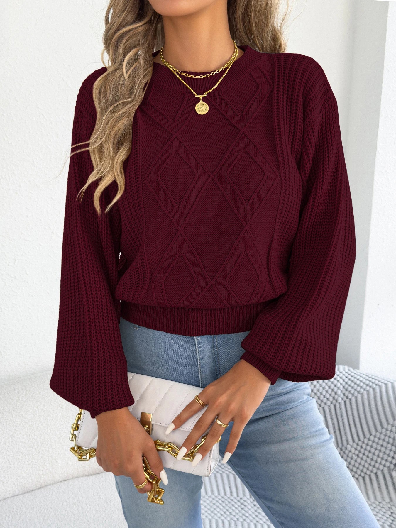 Round Neck Lantern Long Sleeve Sweaters