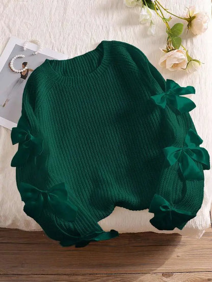 Bow Out Raglan Sleeves Knit Round Neck Minimalist Sweater