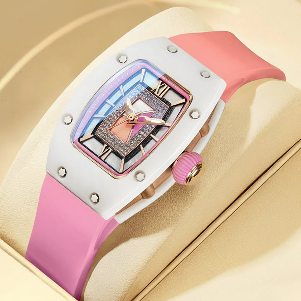 Automatic Ceramic Case Diamond Dial Silicone Strap Waterproof Wristwatch