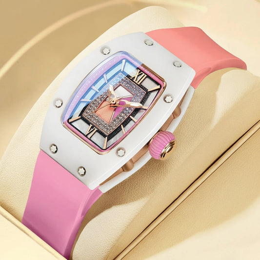 Automatic Ceramic Case Diamond Dial Silicone Strap Waterproof Wristwatch