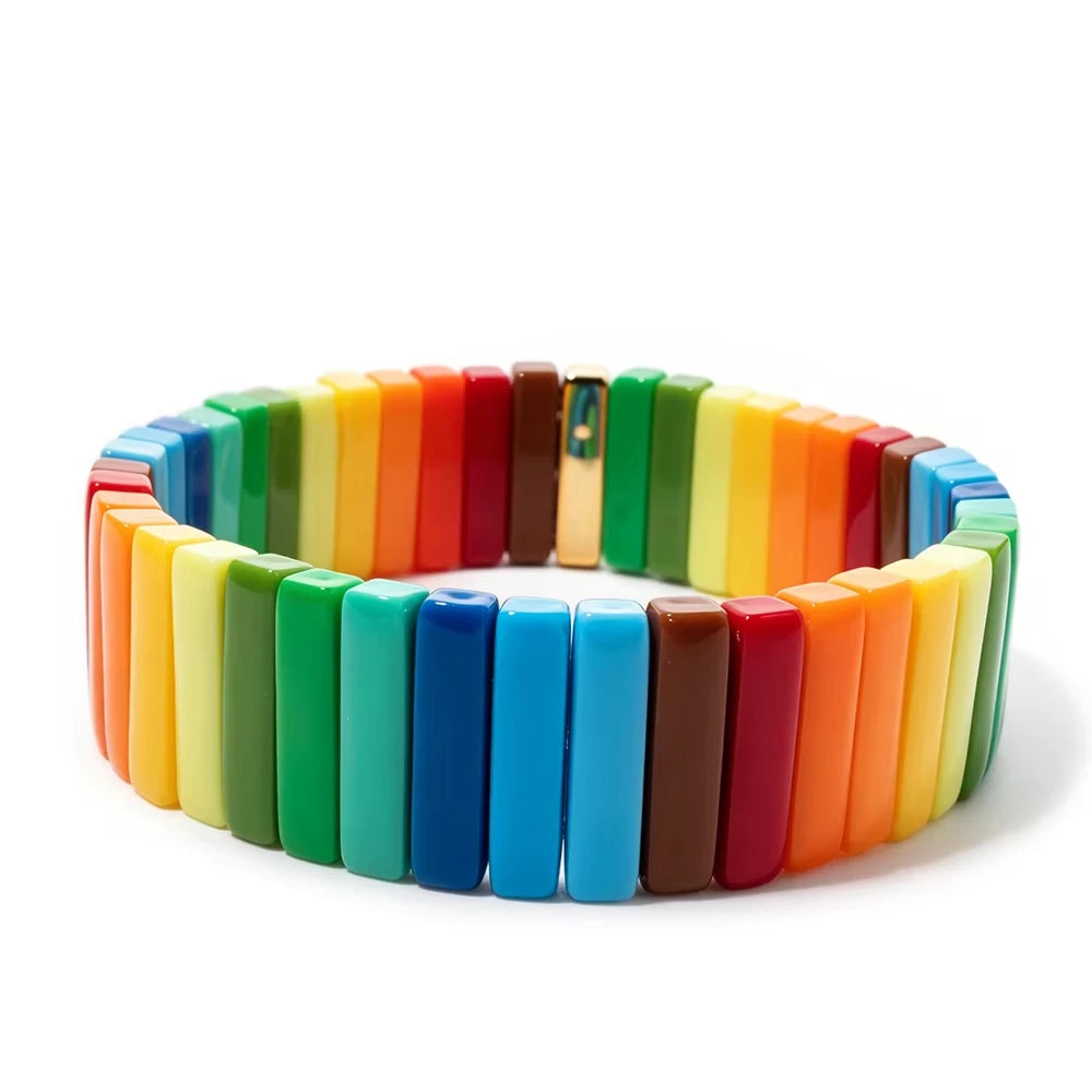 Colorful Acrylic Beaded Elastic Handmade Rainbow Color Bracelets