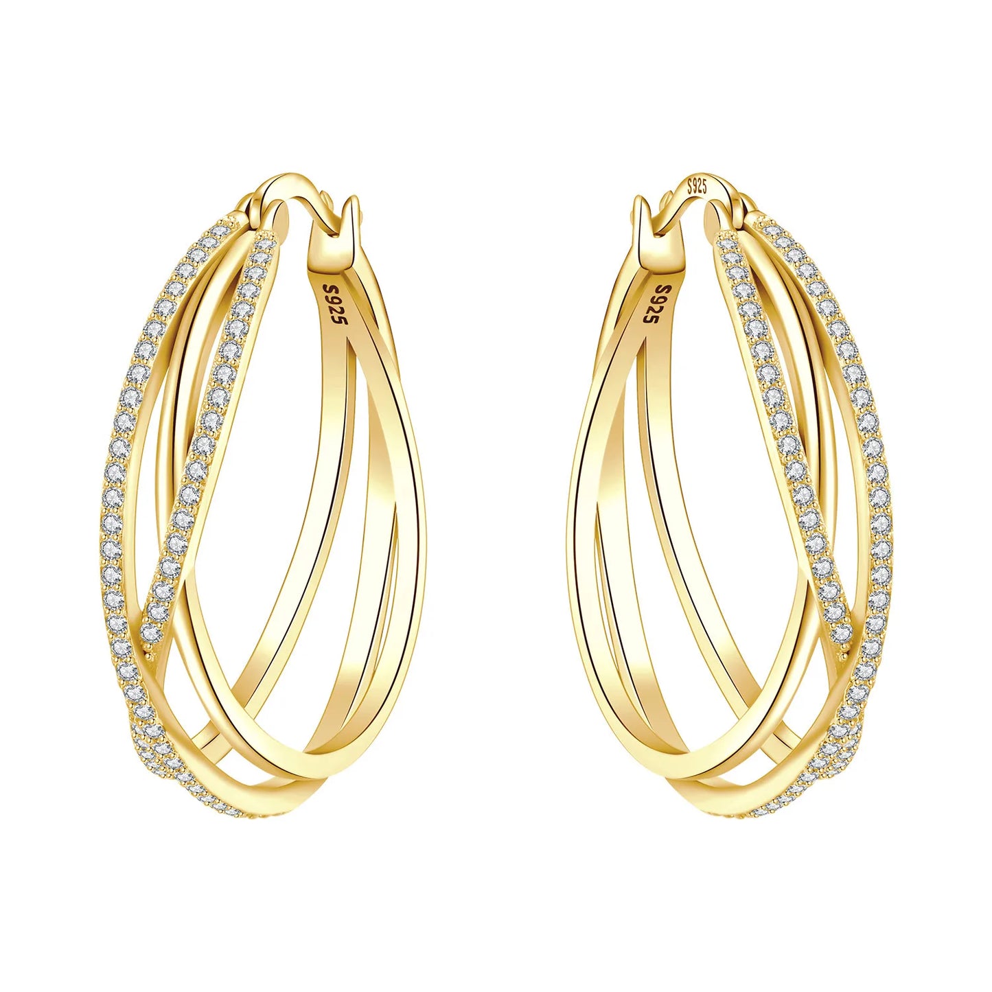 S925 Sterling Silver Zircon 18K Gold Lining Vintage Hoop Earrings