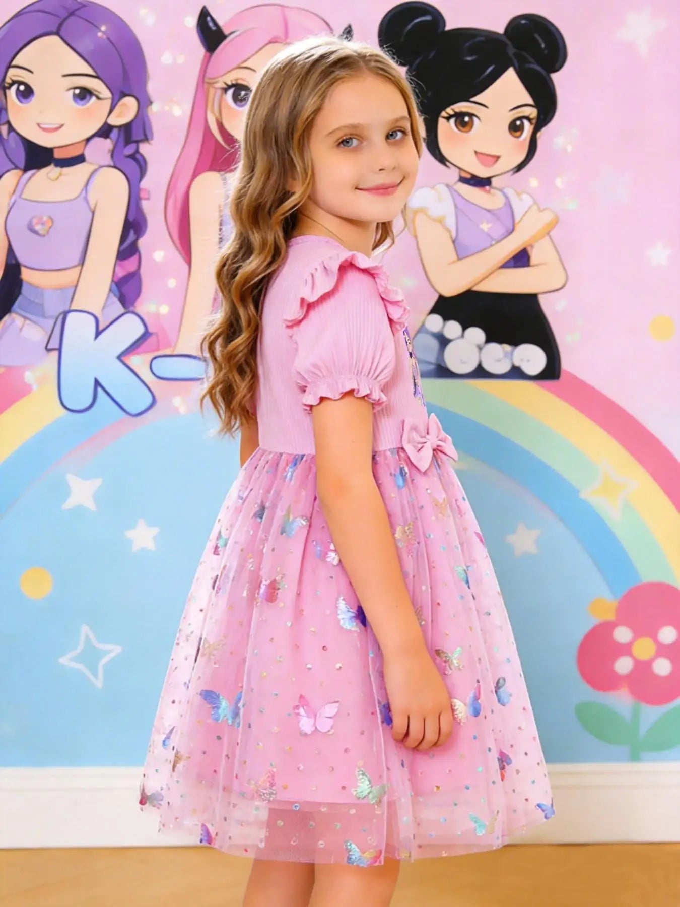 Elegant Cartoon Butterfly Print Slim-Fitting Summer Princess Dress