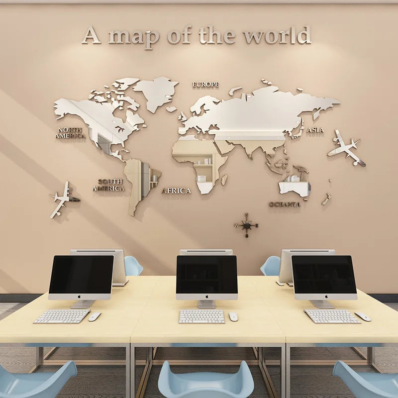 World Map Wall DIY 3D Acrylic Wall Stickers Three-dimensional Mirror Stickers