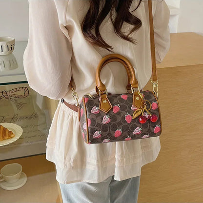 Crossbody Cherry Pattern PU Leather Boston Handbag Shoulder Bags
