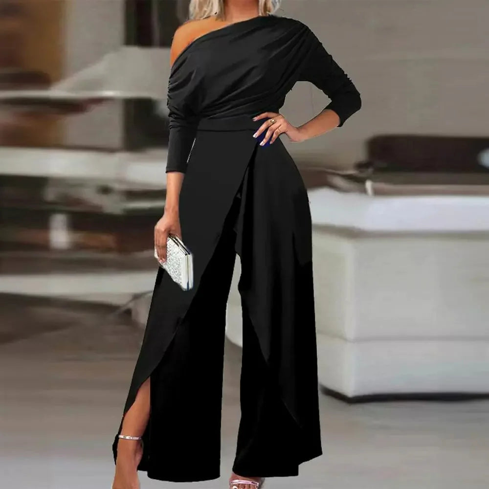 Off Shoulder Long Sleeves High Waist Wide Leg Jumpsuit