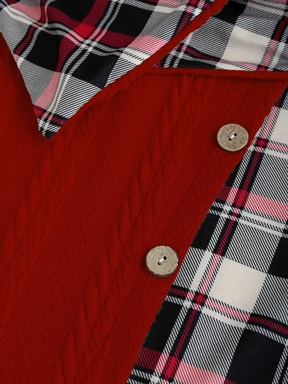 Knitted hooded plaid print stitching fake buckle high waist long sleeve dress