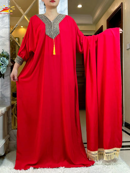 Muslim Long Sleeve Cotton With Big Scarf African Abaya