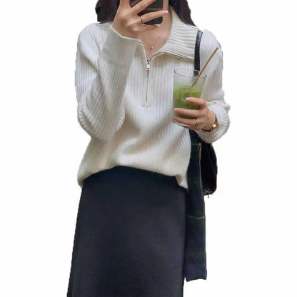Knitted Long Sleeve Turn Down Collar Knit Sweater Pullover