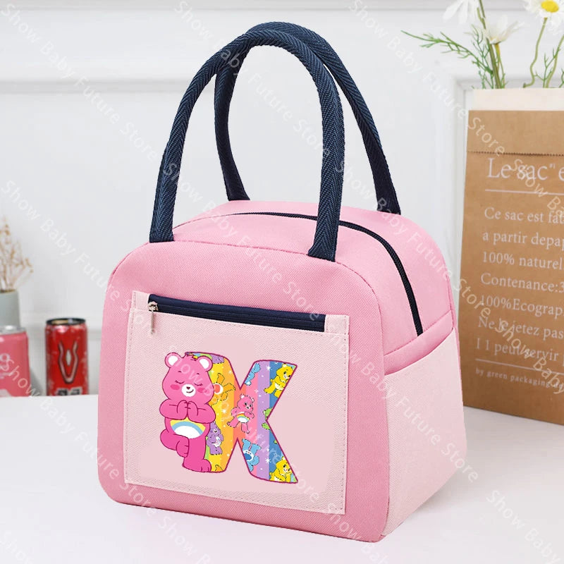 Care Bears Lunch Bag Thermal Cooler Cute Cartoon Letter A-Z Lunch Box Large Capacity