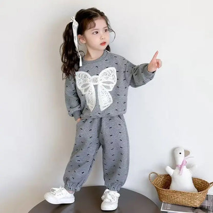 Fleece Autumn Winter Bow Print Sweatshirt+Pants Velvet Warm Set