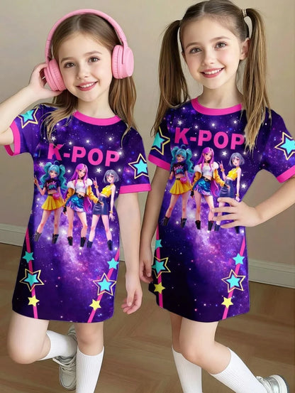 Kpop Cartoon Graphic Funny Short Sleeve Dress