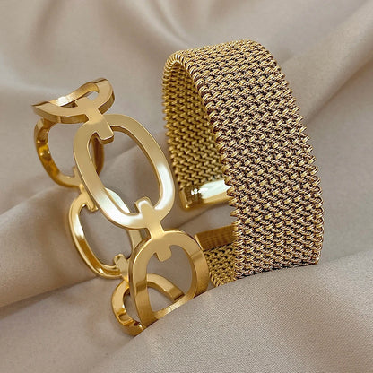Vintage Y2K Stainless Steel Wide Weave Open Cuff Bangle Bracelet