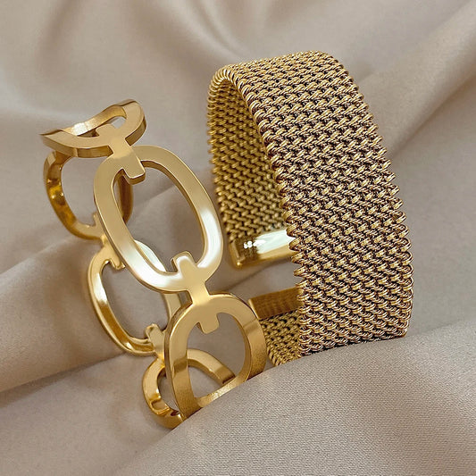 Vintage Y2K Stainless Steel Wide Weave Open Cuff Bangle Bracelet
