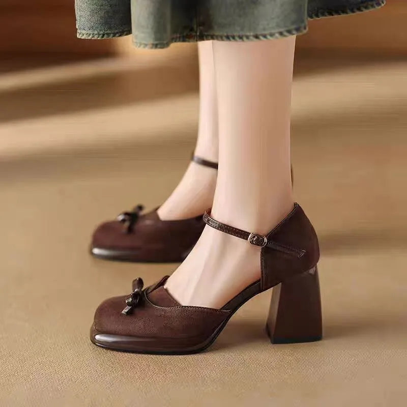 High-end strap high-heeled bow-shaped square-toe chunky heel sandals