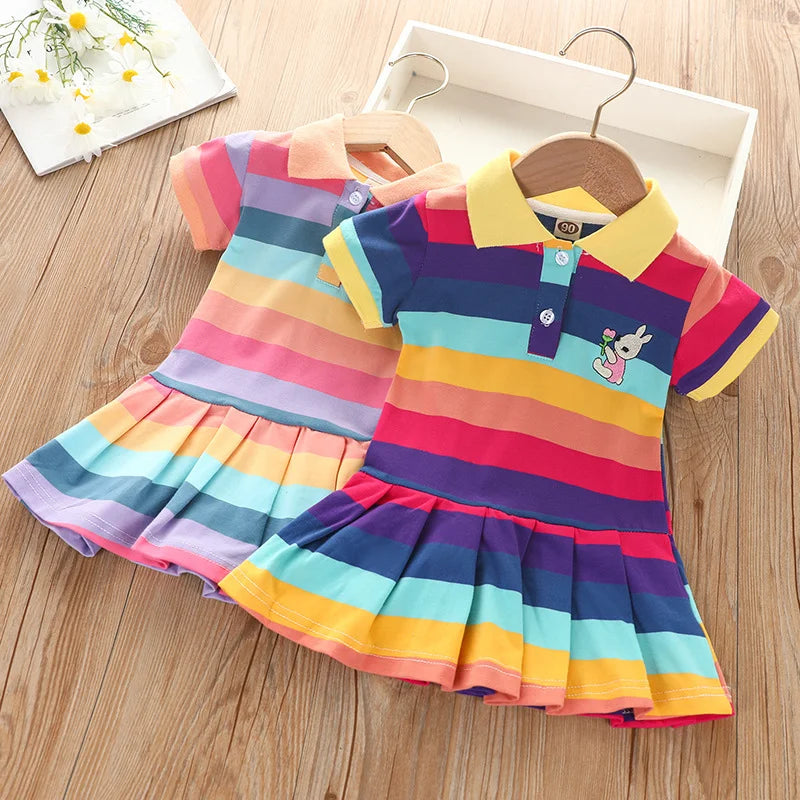 Cartoon rabbit rainbow strip baby girl dress