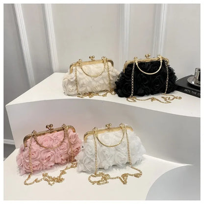 Luxury Chain Shoulder Chiffon 3D Flower Banquet Bag