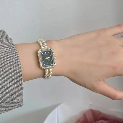 Pearl Studded Strap Luxury Bracelet Quartz Wristwatches