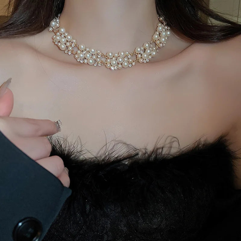 Rhinestone Pearl Rectangular Necklace Set