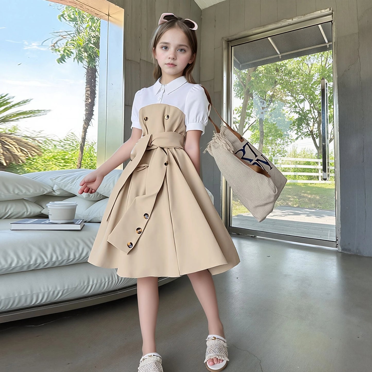 Khaki Casual Vacation Elegant Retro British Girls Party Dress
