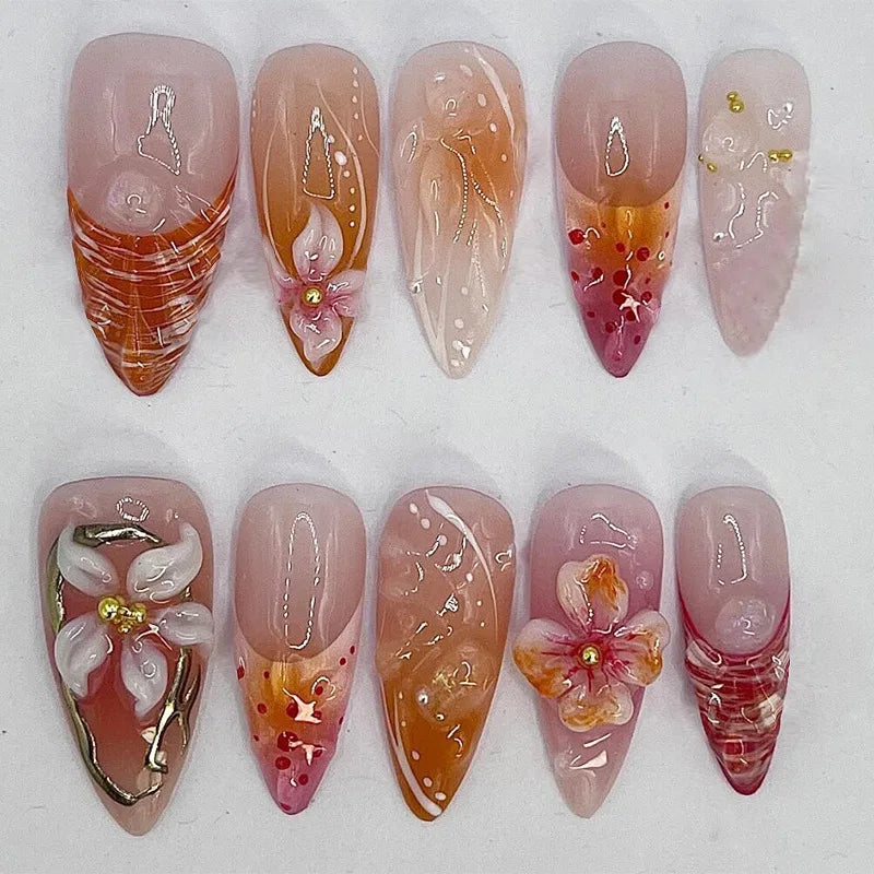 24Pcs Gilded 3D Flower Press on Nails Black French Leopard Print False Nails