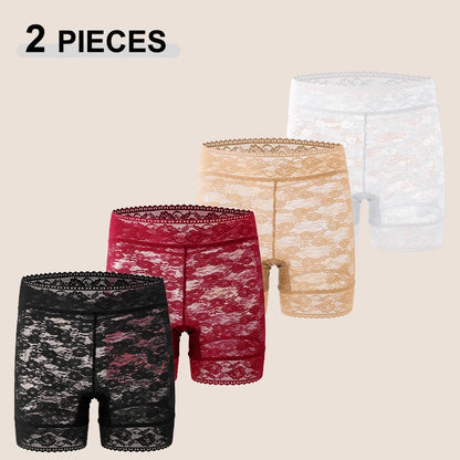 2Pcs/Set Lace Sexy Floral High Waist Transparent Boxers Short