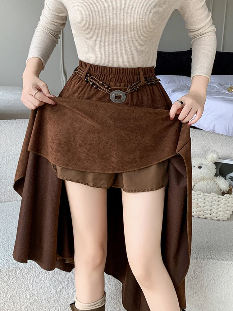 American Retro Asymmetry Suede  Bohemian Midi Skirt